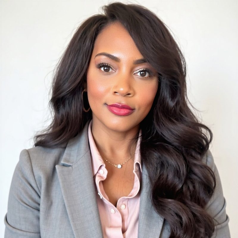 Dalva Franklin in a grey blazer and pink blouse